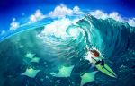  1girl animal fish long_hair ocean original redhead solo surfboard surfing tagme watermark web_address wenqing_yan 