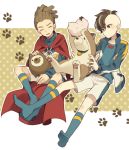  2boys brown_hair cape fudou_akio hairlocs inazuma_eleven inazuma_eleven_(series) inazuma_japan jacket kidou_yuuto male_focus multiple_boys no_shoes open_clothes open_jacket paw_print saku_anna short_hair soccer_uniform socks sportswear track_jacket 