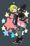  1girl black_boots black_hair boots butterfly_hair_ornament chain double_bun full_body green_eyes green_hair green_lipstick green_nails hair_ornament hair_tie halterneck hand_on_own_knee highres jojo_no_kimyou_na_bouken kuujou_jolyne lipstick makeup multicolored_hair nail_polish off-shoulder_sweater ponytail short_shorts shorts smile solo susugu sweater thigh-highs two-tone_hair 