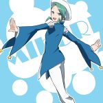  1boy blue_background character_name from_behind green_eyes green_hair looking_at_viewer looking_back male_focus mikuri_(pokemon) open_mouth pokemon saku_anna simple_background solo white_background 