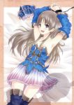  1girl armpits atelier_(series) atelier_totori black_eyes brown_hair long_hair lying on_back open_mouth pink_skirt restrained shitou_(4h) skirt solo totooria_helmold 