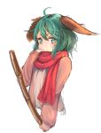 1girl ahoge animal_ears blush broom dog_ears green_eyes green_hair highres homo_1121 kasodani_kyouko looking_at_viewer red_scarf scarf short_hair simple_background solo touhou upper_body white_background 