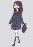  1girl :d ^_^ bag bow brown_hair closed_eyes happy loafers long_hair oosawa_(azeeee73) open_mouth original pleated_skirt school_briefcase school_uniform shoes simple_background skirt smile solo thigh-highs walking 