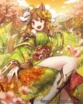  1girl absurdres ahoge animal_ears bell bow brown_hair cherry_blossoms fan floral_print flower folding_fan hair_flower hair_ornament highres japanese_clothes kimono lee_hyeseung official_art open_mouth orange_eyes ribbon seikon_no_arcana solo tail whisker_markings wolf_ears wolf_mask wolf_tail 