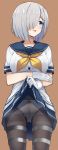  1girl ass ass_visible_through_thighs black_legwear blue_eyes blush breasts brown_background gloves hair_ornament hair_over_one_eye hairclip hamakaze_(kantai_collection) highres kantai_collection large_breasts looking_away open_mouth panties panties_under_pantyhose pantyhose pleated_skirt school_uniform serafuku short_hair silver_hair simple_background skirt skirt_lift solo standing sukebewe thigh_gap thighband_pantyhose thighs underwear white_gloves white_panties 