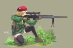  1girl aiming beret black_legwear blonde_hair boots brown_gloves dated gloves grass green_eyes grey_background gun hat holding holding_gun holding_weapon kneeling long_hair military nyan_(themare) original pleated_skirt pouch psg-1 rifle simple_background skirt sniper_rifle solo thigh-highs weapon 