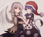  2girls absurdres blue_eyes blue_hair book bow bowtie braid doremy_sweet dress feathered_wings french_braid grey_background hand_on_own_cheek hat highres holding holding_book jacket kishin_sagume long_sleeves looking_at_viewer looking_to_the_side multiple_girls nightcap open_clothes open_jacket open_mouth pom_pom_(clothes) profile purple_dress red_eyes short_hair short_sleeves silver_hair simple_background single_wing tail tapir_tail thkani touhou white_wings wings 