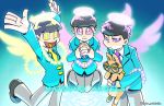  +_+ 3boys :3 angel_wings black_hair blue_background brothers cat esper_nyanko formal gradient gradient_background halo hands_clasped heart heart_in_mouth kan_(tofslan) male_focus matsuno_ichimatsu matsuno_todomatsu messy_hair multiple_boys nail_polish osomatsu-kun osomatsu-san panty_&amp;_stocking_with_garterbelt parody pink_eyes pink_nails purple_nails siblings smile style_parody suit twitter_username violet_eyes wings yellow_eyes yellow_nails 