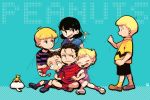  2girls 4boys aqua_background black_hair blonde_hair charlie_brown copyright_name linus_van_pelt lucy_van_pelt multiple_boys multiple_girls overalls peanuts rerun_van_pelt sally_brown schroeder shirt short_hair siblings simple_background snoopy striped striped_shirt woodstock 