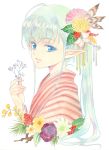  agahari blue_eyes elf flower hair_flower hair_ornament highres original pointy_ears silver_hair traditional_media 