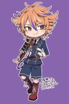  1boy 2015 armor boots brown_eyes brown_hair chibi cross-laced_footwear dated gotou_toushirou japanese_armor lace-up_boots male_focus matsuki_(mikipingpong) military military_uniform multicolored_hair necktie shorts smile sode streaked_hair touken_ranbu translation_request uniform 