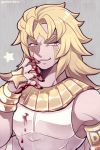  1boy armband blonde_hair blood bloody_clothes bloody_hands dio_brando heaven_ascended_dio jojo_no_kimyou_na_bouken jojo_no_kimyou_na_bouken:_eyes_of_heaven kotorai long_hair male_focus smile solo star upper_body wrist_cuffs yellow_eyes 