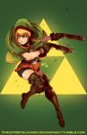  1girl blonde_hair blue_eyes boots bow_(weapon) braid capelet crossbow linkle long_hair metalhanzo pointy_ears smile the_legend_of_zelda thigh-highs thigh_boots triforce twin_braids weapon zelda_musou 