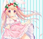  1girl animal_ears bare_shoulders blush brown_hair candy collarbone dress flower food fruit head_wreath long_hair original rabbit_ears red_eyes smile solo strawberry twintails usashiro_mani 