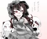 3girls airfield_hime anger_vein annoyed behind_another black_hair blush bonnet bow chewing detached_sleeves dress gothic_lolita grey_bow grey_dress hands_on_another&#039;s_wrists hiding horn horns isolated_island_oni kantai_collection lolita_fashion long_hair looking_at_another messy_hair multiple_girls pink_background pink_eyes red_eyes role_reversal ruffled_dress seaport_hime shinkaisei-kan simple_background sukueni translation_request white_hair younger 