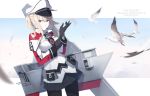  1girl adjusting_clothes adjusting_gloves animal bird black_gloves black_legwear blonde_hair blue_eyes breasts capelet character_name closed_mouth clouds cowboy_shot cross cross_print dutch_angle ello gloves graf_zeppelin_(kantai_collection) hair_between_eyes hat highres iron_cross jacket kantai_collection large_breasts light_frown long_hair long_sleeves looking_at_viewer machinery miniskirt necktie pantyhose peaked_cap pleated_skirt sidelocks skirt sky solo twintails 
