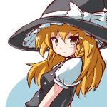  1girl blonde_hair blush expressionless hat hat_ribbon kirisame_marisa leaning_back long_hair looking_at_viewer lowres puffy_short_sleeves puffy_sleeves ribbon ryogo short_sleeves simple_background sketch solo touhou two-tone_background upper_body vest witch_hat yellow_eyes 
