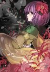  1girl dress flower hair_flower hair_ornament hieda_no_akyuu janne_cherry japanese_clothes kimono long_sleeves looking_at_viewer purple_dress short_hair solo spider_lily touhou violet_eyes wide_sleeves 