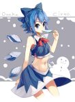  1girl adapted_costume bei_mochi blue_eyes blue_hair blue_skirt bow character_name cirno hair_bow highres ice ice_wings looking_at_viewer midriff navel popsicle short_hair skirt snowman solo touhou wings 