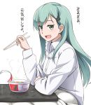  1girl blush chopsticks dress_shirt green_eyes green_hair hair_ornament hairclip kantai_collection kotatsu long_hair long_sleeves looking_at_viewer open_mouth ramen shirt simple_background smile solo suzuya_(kantai_collection) table translation_request white_background youkan 