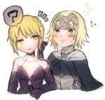  2girls ? armor blonde_hair blue_eyes blush breasts cape cleavage fate/grand_order fate_(series) flying_sweatdrops heart multiple_girls ruler_(fate/apocrypha) saber saber_alter short_hair sketch sweatdrop yellow_eyes 