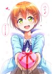  1girl coat fur-trimmed_coat gift green_eyes hair_ornament hairpin harunabe_(refresh_star) heart heart-shaped_box hoshizora_rin incoming_gift looking_at_viewer love_live!_school_idol_project orange_hair short_hair solo translation_request 