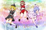  3girls :d ;o bending_forward blonde_hair blouse blown_kiss blue_eyes blue_hair blush breasts brown_eyes brown_hair clenched_hands crescent dress_shirt evil_grin evil_smile flat_chest grin hat hat_ornament hips jitome kneehighs legs lunasa_prismriver lyrica_prismriver mary_janes merlin_prismriver monrooru multiple_girls musical_note one_eye_closed open_mouth playing_with_own_hair sheet_music shirt shoes shorts siblings sisters skirt skirt_set small_breasts smile socks staff_(music) tareme touhou tsurime vest wavy_hair 