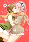 2girls blush bottomless breasts brown_hair cardigan closed_eyes commentary_request dated headphones heart kiss large_breasts long_hair merryhachi multiple_girls nitroplus pink_hair red_eyes scarf shared_scarf smile spoken_heart super_sonico watanuki_fuuri yuri 