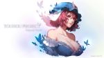  1girl bare_shoulders blue_dress breasts butterfly character_name cleavage dress hat highres large_breasts mob_cap off_shoulder pink_eyes pink_hair saigyouji_yuyuko short_hair sola7764 solo touhou triangular_headpiece upper_body veil 