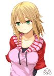  1girl arms_behind_back blonde_hair blush breasts green_eyes mahcdai original simple_background solo white_background 