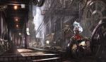  1girl analog_clock clock gears hat highres mecha_musume mechanical_arms mechanical_bird mechanical_eye mechanical_hand original red_eyes ryosios scenery sitting solo steampunk tagme top_hat 