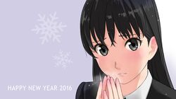  1girl 2016 amagami ayatsuji_tsukasa black_eyes black_hair breathing_on_hands english face happy_new_year jacket kero320 long_hair looking_at_viewer new_year parted_lips snowflakes solo wet 