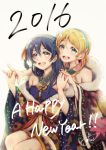  2016 2girls :d ayase_eli black_hair blonde_hair blue_eyes brown_eyes fur_trim hairband happy_new_year highres holding_hands japanese_clothes kimono lilylion26 long_hair love_live!_school_idol_project multiple_girls new_year open_mouth smile sonoda_umi white_background 