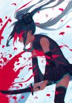  1girl aqua_hair blood blood_on_face bloody_clothes bloody_hair cutting detached_sleeves from_side hatsune_miku highres katana long_hair necktie open_mouth skirt solo sparrow_(xici9527) sword tattoo thigh-highs twintails very_long_hair vocaloid weapon 