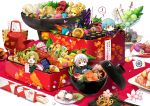  ! 3boys :t blue_hair bowl box cherry_blossoms chopsticks food fox gohei green_eyes green_hair hirai_yuzuki ichigo_hitofuri in_food japanese_clothes kamekichi katana male_focus miniboy multiple_boys nakigitsune&#039;s_fox obentou open_mouth shrimp smile spoken_exclamation_mark sword teapot touken_ranbu translation_request tsurumaru_kuninaga turtle uguisumaru weapon white_hair yellow_eyes 