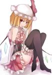  1girl adapted_costume bare_shoulders black_legwear blonde_hair corset dress elbow_gloves flandre_scarlet gloves hat hat_ribbon janne_cherry leg_garter looking_at_viewer mob_cap red_eyes ribbon side_ponytail sitting sleeveless sleeveless_dress solo thigh-highs touhou white_gloves wings 