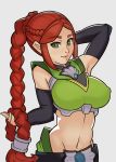  1girl arm_up armpits breasts cassie_(paladins) detached_sleeves green_eyes grey_background groin highres large_breasts lips long_hair midriff navel paladins redhead simple_background smile solo splashbrush very_long_hair 