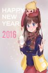  1girl 2016 animal_on_head bag beanie blue_eyes blush brown_hair dumpling grin handbag happy_new_year hat highres jacket long_hair monkey new_year original plaid plaid_scarf reaching scarf skirt smile snow solo sweater translated v 