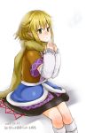  1girl arm_warmers blonde_hair green_eyes mizuhashi_parsee monrooru open_mouth pointy_ears scarf shirt short_sleeves sitting skirt solo touhou 