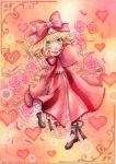  1girl ballpoint_pen_(medium) blonde_hair bow colored_pencil_(medium) dress drill_hair flower green_eyes hair_bow heart hina_ichigo juliet_sleeves long_sleeves mosho open_mouth pink_dress pink_rose puffy_sleeves rose rozen_maiden solo traditional_media watercolor_(medium) wide_sleeves 