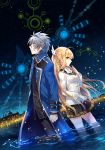  1boy 1girl back-to-back blonde_hair blue_eyes clenched_hand coat dutch_angle from_side full_blade_ignition green_eyes hair_ornament highres long_hair looking_at_viewer looking_away looking_up nardack night norn_origen official_art pleated_skirt school_uniform short_hair silver_hair skirt sky soludo thigh-highs town wading water white_legwear wind 