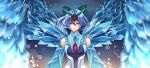  1girl anivia anivia_(cosplay) blue_background blue_hair cirno gem hair_ornament hair_ribbon hannah_santos highres ice ice_wings league_of_legends red_eyes ribbon snowflakes touhou upper_body wings 