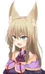  1girl animal_ears brown_hair long_hair mahcdai open_mouth original simple_background smile solo white_background 