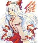  1girl blush bow dated fiery_wings fujiwara_no_mokou hair_bow hair_ornament hair_ribbon iroyopon long_hair long_sleeves looking_at_viewer open_mouth pants puffy_sleeves red_eyes ribbon shirt signature simple_background smile solo touhou upper_body white_background wings 