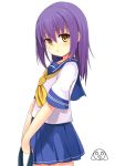  1girl blush mahcdai original profile purple_hair school_uniform serafuku simple_background skirt solo white_background yellow_eyes 