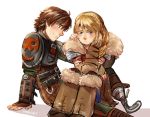  1boy 1girl armor astrid_hofferson blonde_hair blue_eyes blush braid brown_hair chin_rest circlet couple fur_collar hair_over_shoulder hetero hiccup_horrendous_haddock_iii how_to_train_your_dragon how_to_train_your_dragon_2 k@de leg_warmers long_hair looking_away older prosthesis prosthetic_leg side_braid single_braid sitting sitting_on_lap sitting_on_person viking 