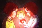  androgynous artist_name brown_hair chara_(undertale) flower flowey_(undertale) frisk_(undertale) glowing heart open_mouth shirt spoilers striped striped_shirt tagme tenperu_tapio undertale what_if 