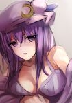  1girl bare_shoulders breasts cleavage crescent dress hat janne_cherry large_breasts long_hair long_sleeves looking_at_viewer mob_cap off_shoulder open_mouth patchouli_knowledge purple_dress purple_hair solo sweat touhou upper_body violet_eyes 