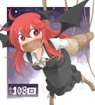  1girl arms_behind_back bdsm bondage bound commentary_request demon_girl demon_wings gagged hanging head_wings improvised_gag koakuma long_hair nobamo_pieruda red_eyes redhead shirt skirt skirt_set solo tape tape_gag tears tied_up touhou vest wings 