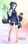  1girl bike_shorts black_hair blue_eyes bucket bucket_of_water cannon duster fairy_(kantai_collection) hat jacket kantai_collection kuroshio_(kantai_collection) long_sleeves open_mouth smile solo taketora_suzume 